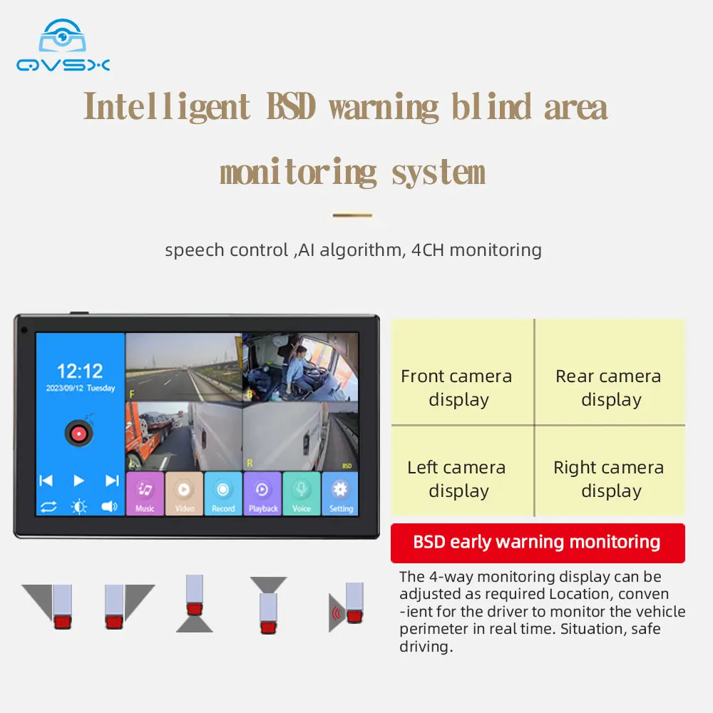 10.1 inch Commercial Vehicle Blind Spot Warning Detection system Waterproof Night Vision Camera BSD Car Reversing Aid