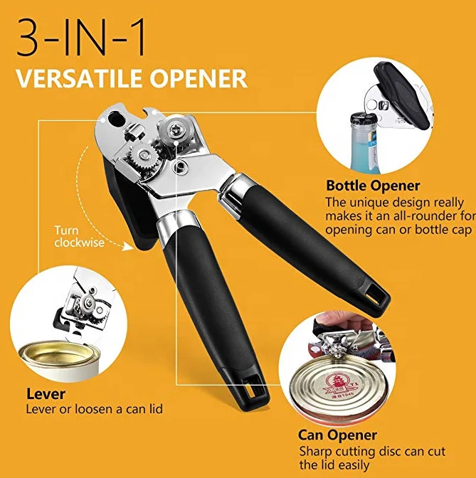 USA/UK Top Seller 4 in 1 Soft-Handled Tin Beer Bottle Opener Stainless Steel Hand Can with Smooth Edge