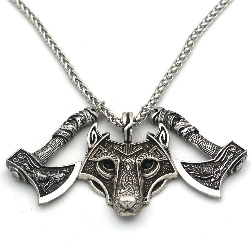 New Nordic myth wolf head and axe Amulet Necklace Viking pendant wolf head jewelry factory direct sales