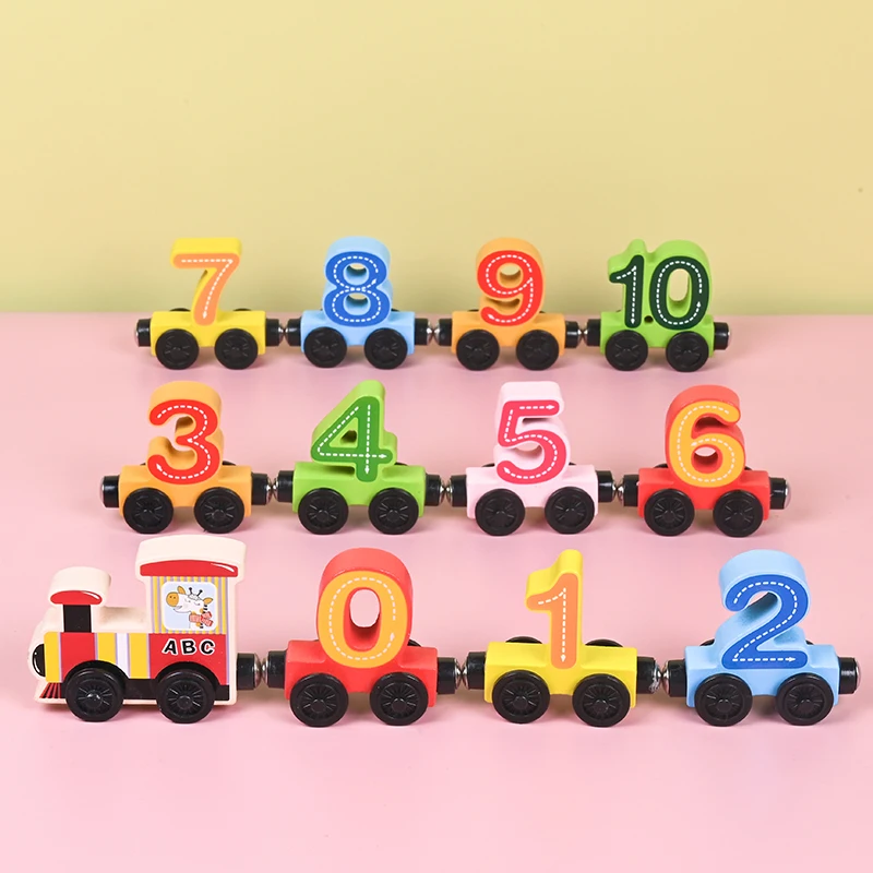 Popular Educational Wooden 12 Pieces Digital Train Vehicle Car Number Figures Railway Model