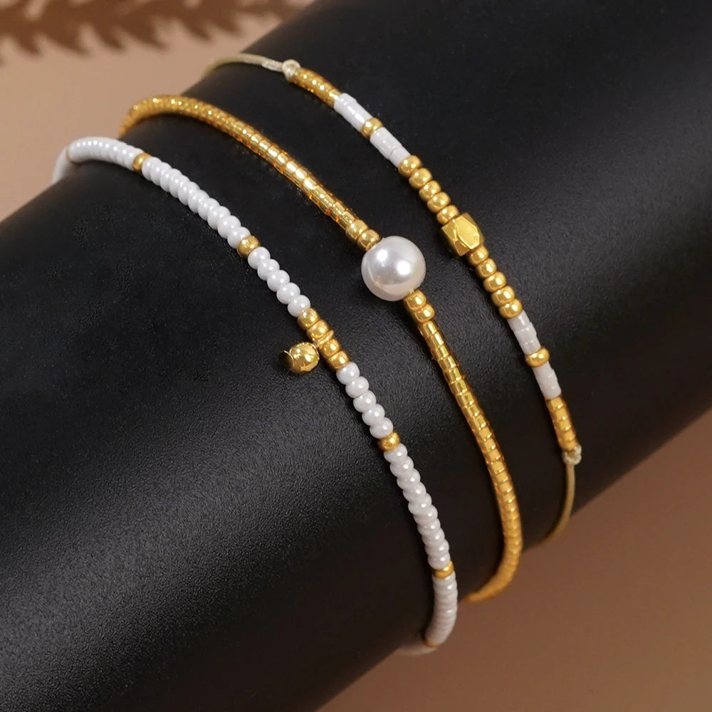 Go2boho White Boho Design Fashion Jewelry Tiny Imitation Pearl String Dainty Seed Miyuki Beaded Bracelets for Women New