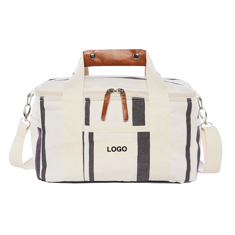 BR Customize Logo Vintage Premium Canvas Collapsible Picnic Travel Beach Cooler Bag, Recycled Insulated Wine Food Beer Cooler