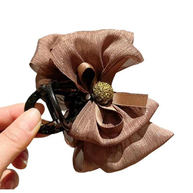 Bright Silk Bow Gauze Hair Clip Temperament All-match Hair Claw Clips Shark Clip Girls And Women Hair Accessories
