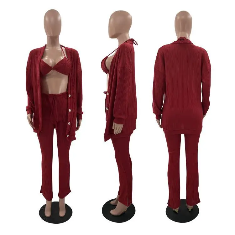 2021 New Arrivals Women Winter Sweater Coat Long Cardigans Sets 3 Piece Set