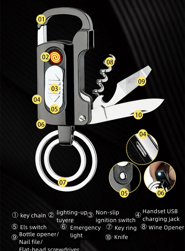 Multi-function Keychain Charging Lighter Belt Unsealing Knife Bottle Opening File Flashlight Pendant Lighter Metal Keychain