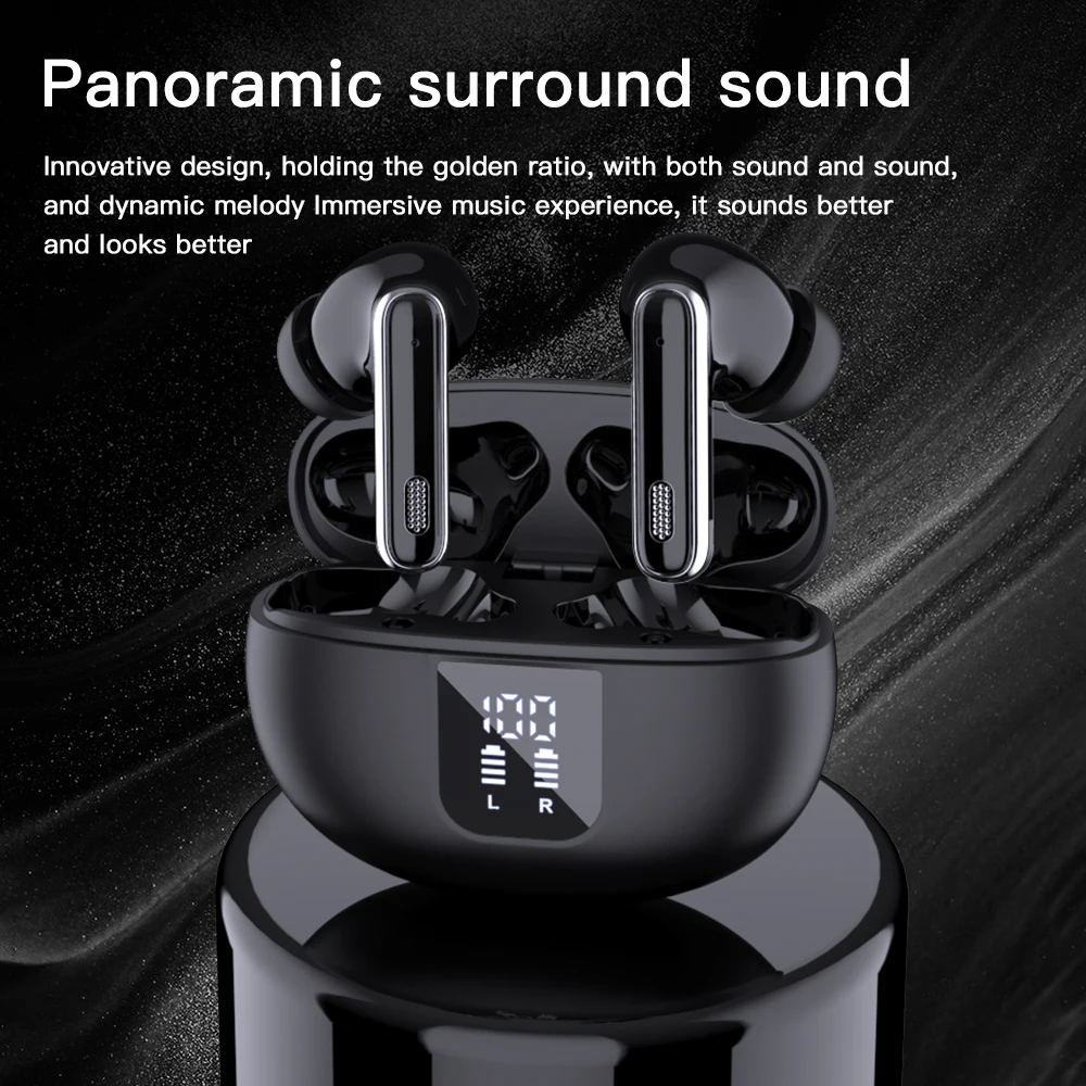 13mm Large Dynamic Wireless Earbuds with Noise Cancelling 4 HD Microphones LED Battery Indicator In-Ear Short Handle Design