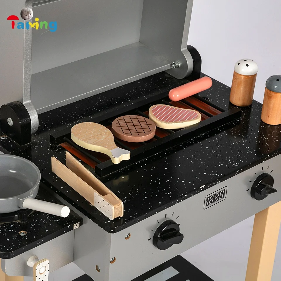 2022 Happy kitchen play toys BBQ grill Wooden Barbecue Deluxe grill Set Toy for Toddler Simulation Barbecue Set Kitchen Toy