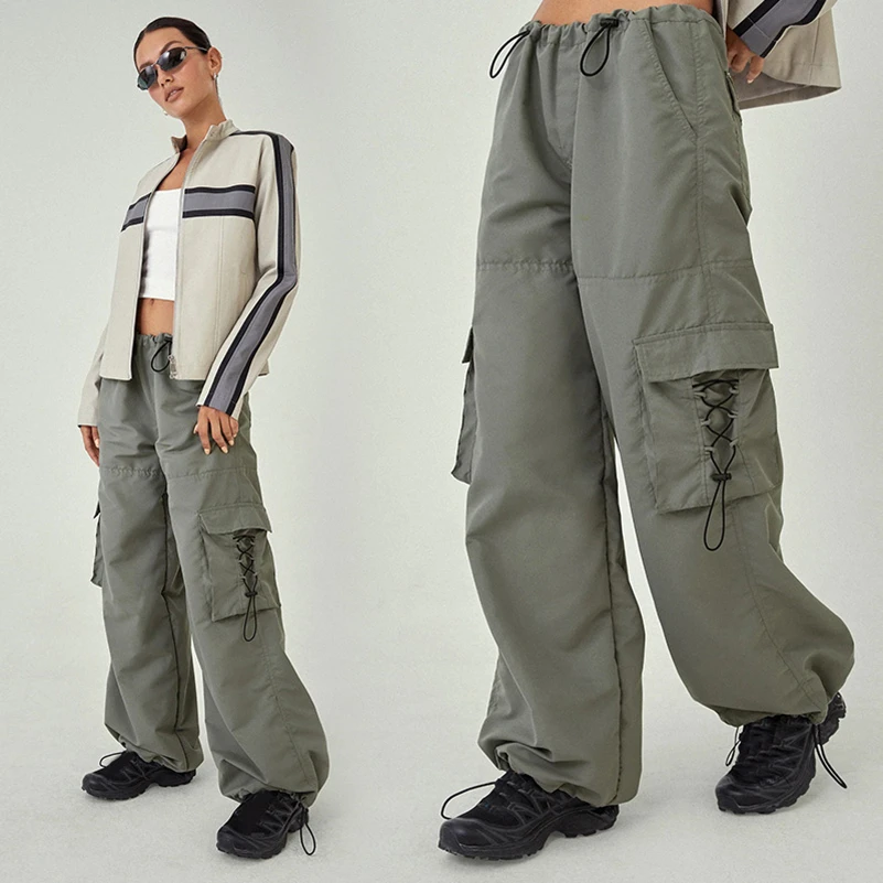 Oem drawstring elastic waist mens custom solid color oversized men baggy cargo parachute pants with large pocket