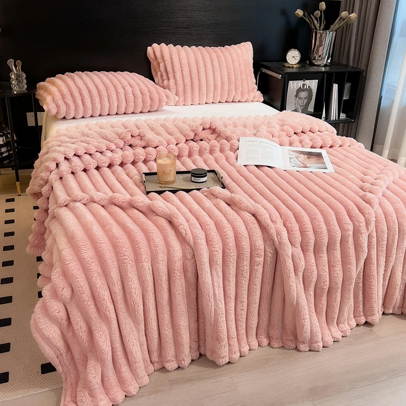Wholesale luxury faux double layer reversible colorful weighted adult angora fur striped flannel fleece throw blanket