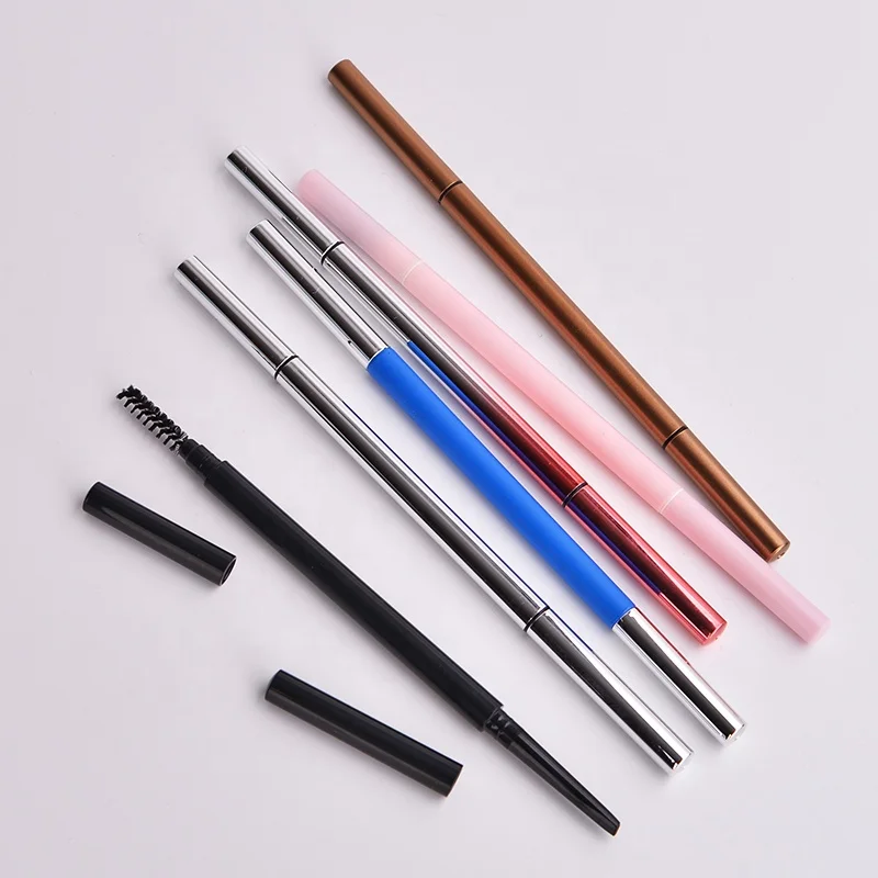Plastic Cosmetic Container Slim Silver Eyebrow Pen Packaging No Logo Brow Pencil Tube with Brush