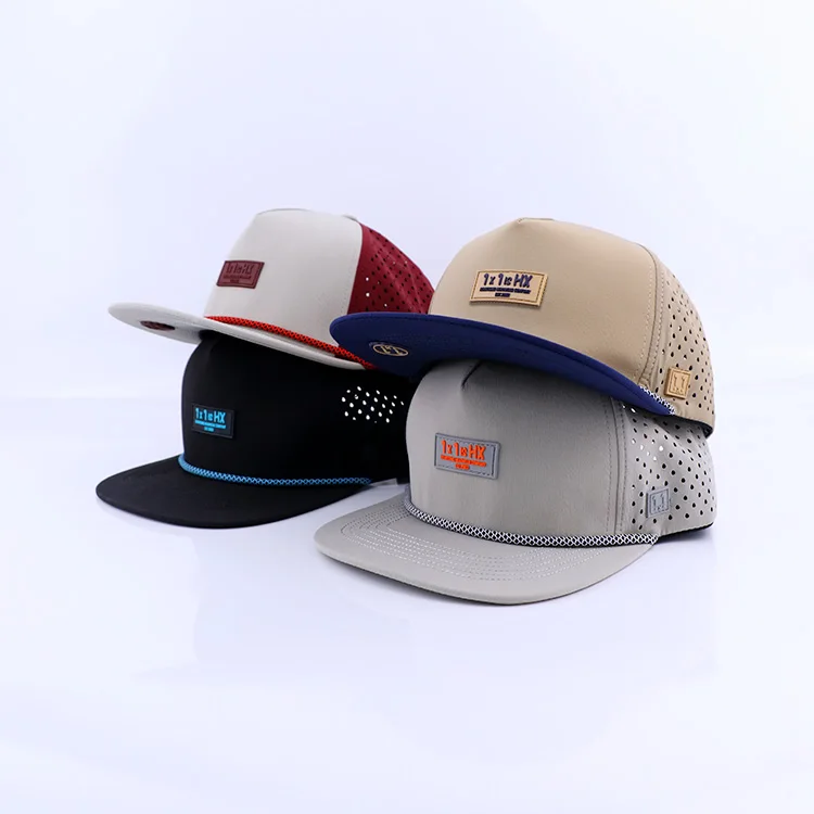 Rubber Patch 5 Panel Laser Cut Waterproof Snapback Golf Cap Custom Color Laser Drilling Trucker Hat