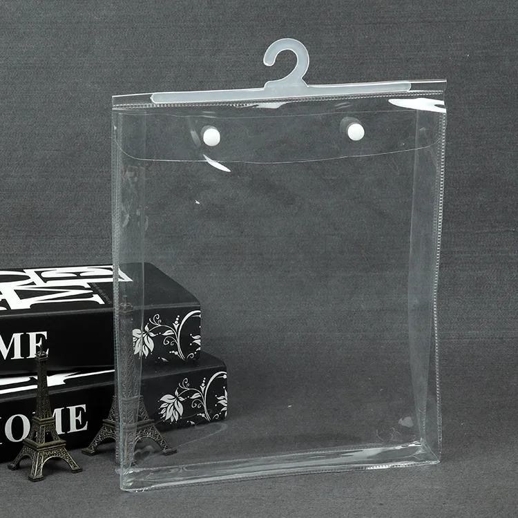 Custom Clear plastic PVC Clothing Packaging Bag High Quality Underwear T Shirt Bag With Hanger Hook and Button