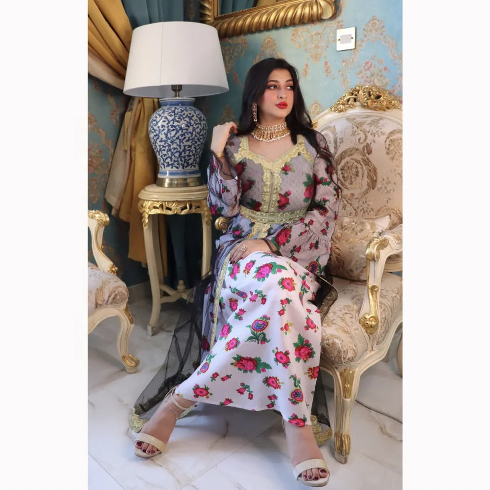Dubai Dresses Floral Saree Lace Islamic Clothing Printing embroidered Muslim Women Jalabiya