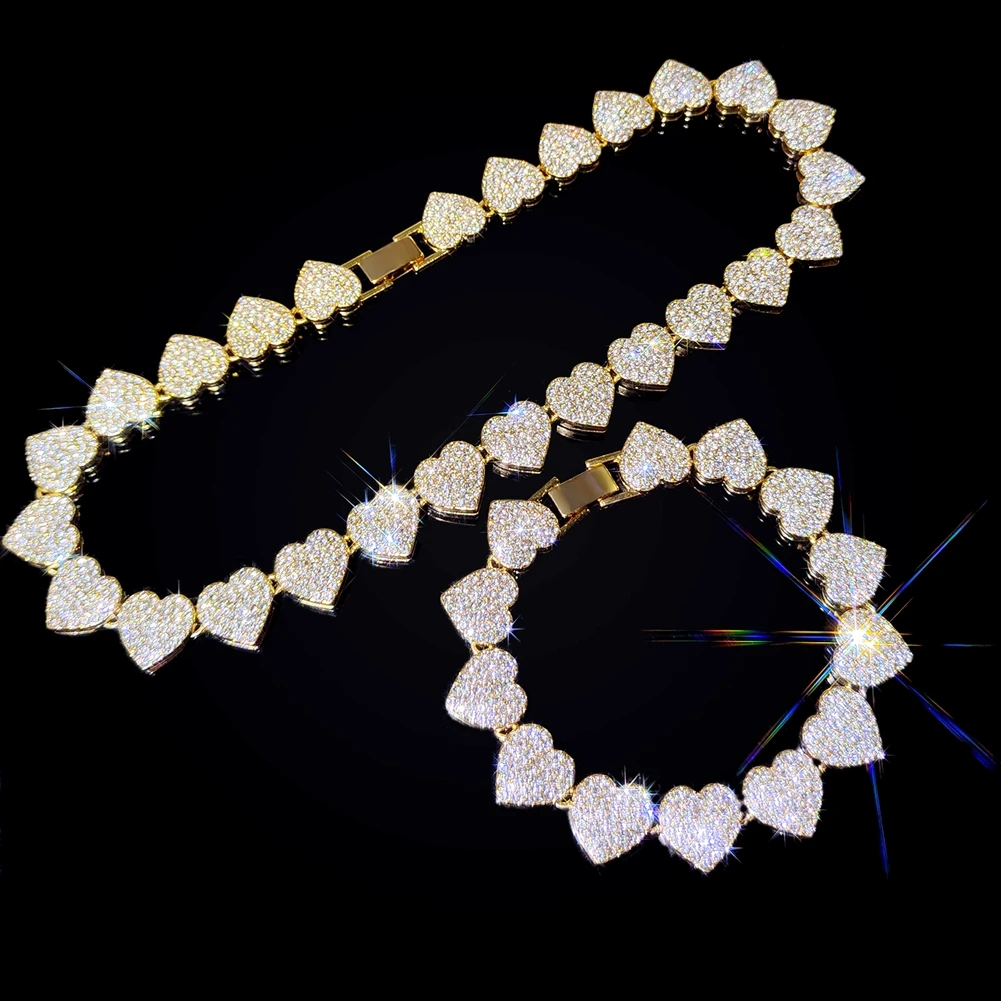 Hip Hop Luxury Full Diamond Jewelry Set Iced Out Cuban Link Chain 5A Cubic Zirconia Love Heart Tennis Necklace Bracelet Set