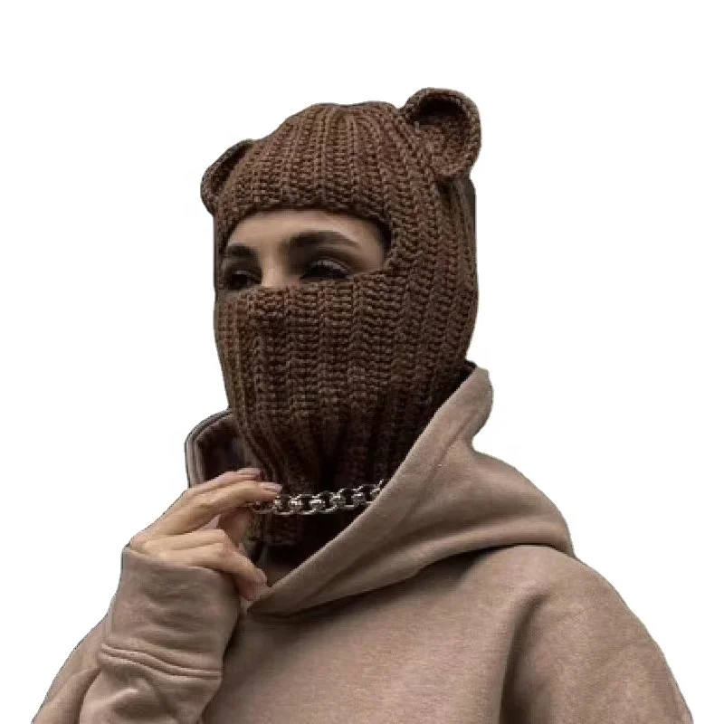 Оптовая продажа Вязаная Шапка-бини с забавным медведем от ветра для вечеринки Лыжная Балаклава одним отверстием