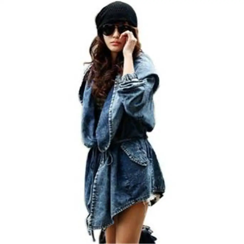 CUHAKCI Newest Style Lady Autumn Winter Loose Hooded Jean Jacket Long Sleeve Mid Length Windbreaker Coat Woman Denim Jacket