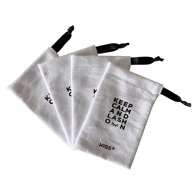 Custom Logo High Quality 9X14CM White 10OZ Cotton Eyelashes Bags With Ribbon drawstring