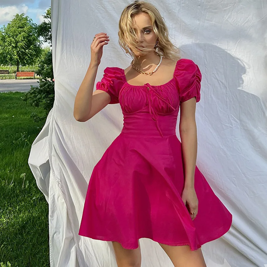 Mandy Summer Women Casual Short Dress Puff Sleeve Square Neck Fashion Dress Niche Designer American Clothes