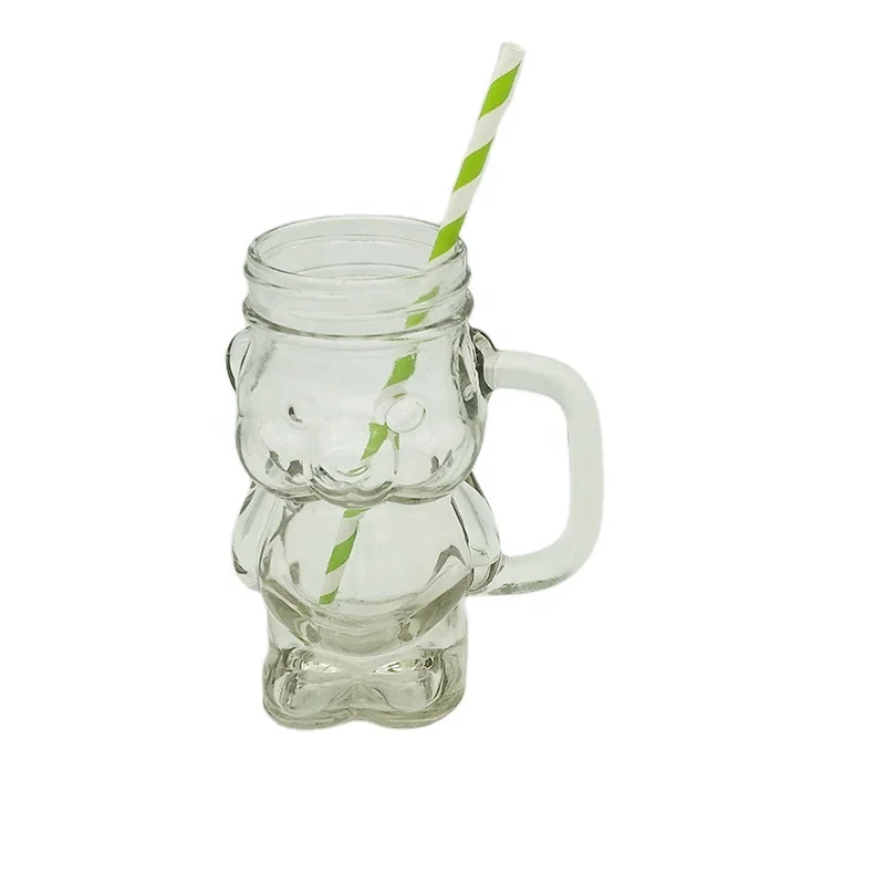 12oz 360ml bear shaped glass mason jar with handle and straw
