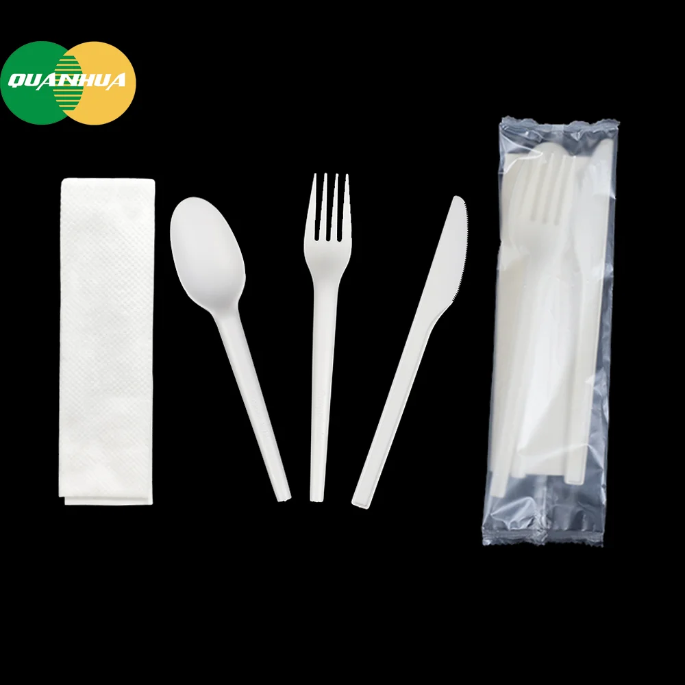 Quanhua BPI Certificate High Quality Disposable Biodegradable Cutlery Set Long Handle Flatware Set Knife Fork Spoon Utensil