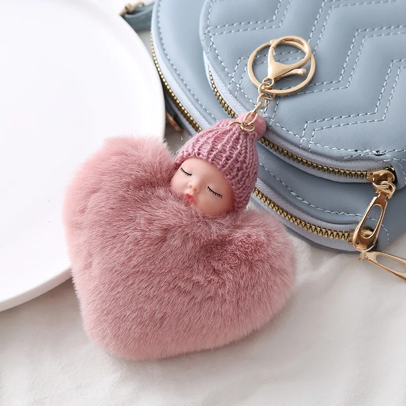 XR kawaii False rabbitfur sleeping baby doll Heart Pompom keychain for girls sweet Plush sleepy baby keychain