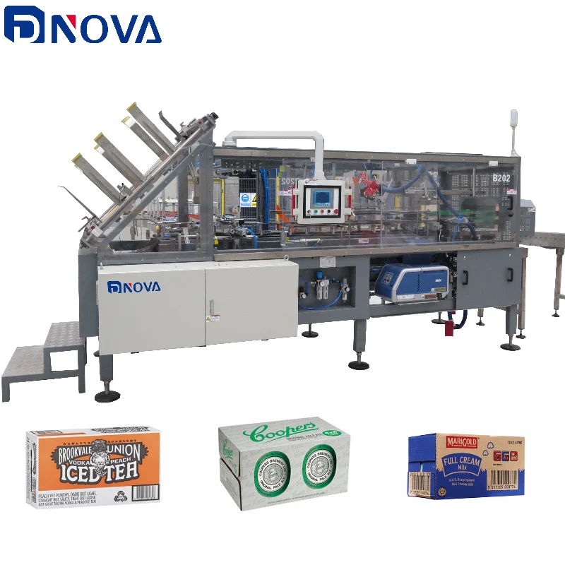 Carton wrapping machine with nordson melter for bottles Milk powder cans, barreled or cannd food Automatic case packer