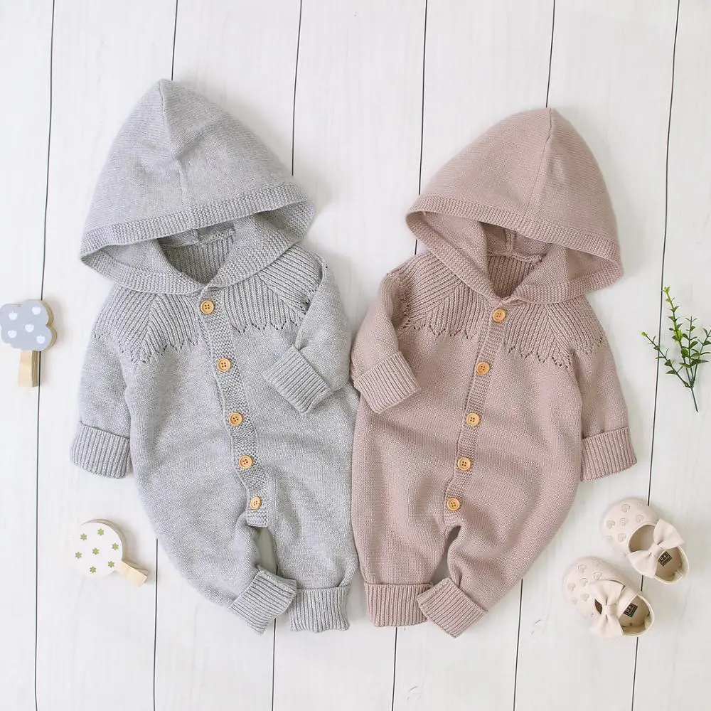 Newborn infant knit onesie clothing toddler crochet jumpsuit cotton hooded baby romper