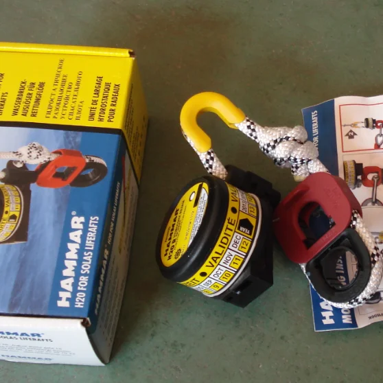 Inflatable life raft with hydrostatic release unit