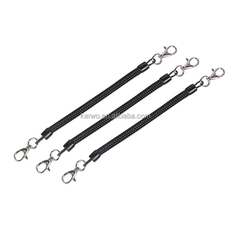 Karwo Custom Length Thickness Black Retractable Spring Coil Lanyard Stretched Keychain Spiral Cord With Snap Hook Clip
