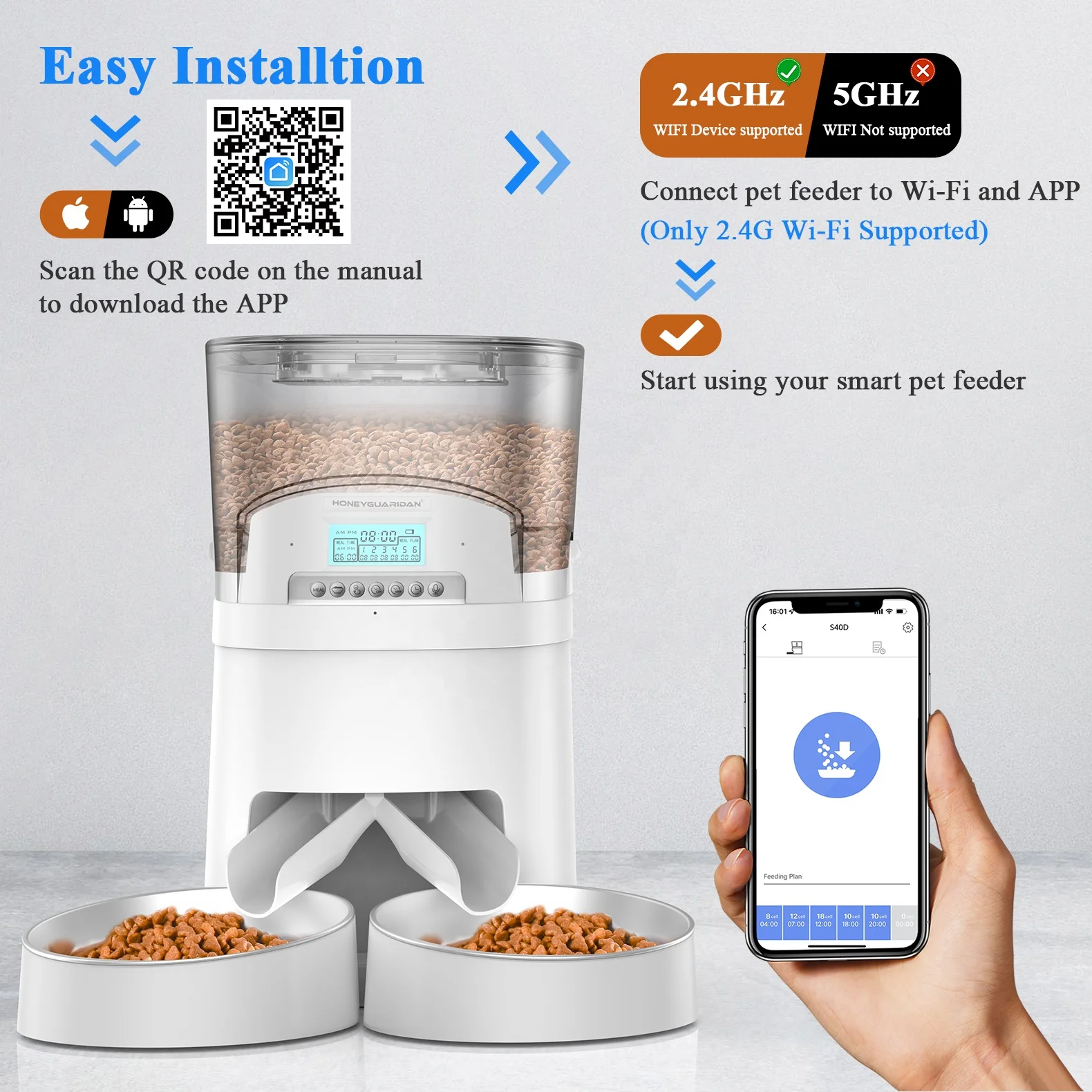 Factory Directly 4L sell Automatic feeding cat with two way splitter for Cats Animals dog food storage container