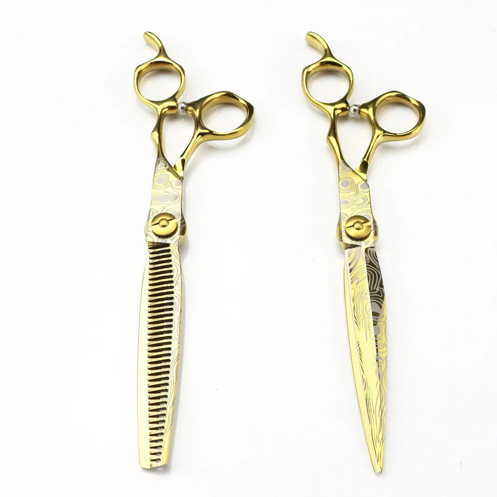 Professional 7' Gold Damascus Upscale Hair Cutting Scissors Thin Barber Tools with Sharp Hairdressing Shears for Haircut
