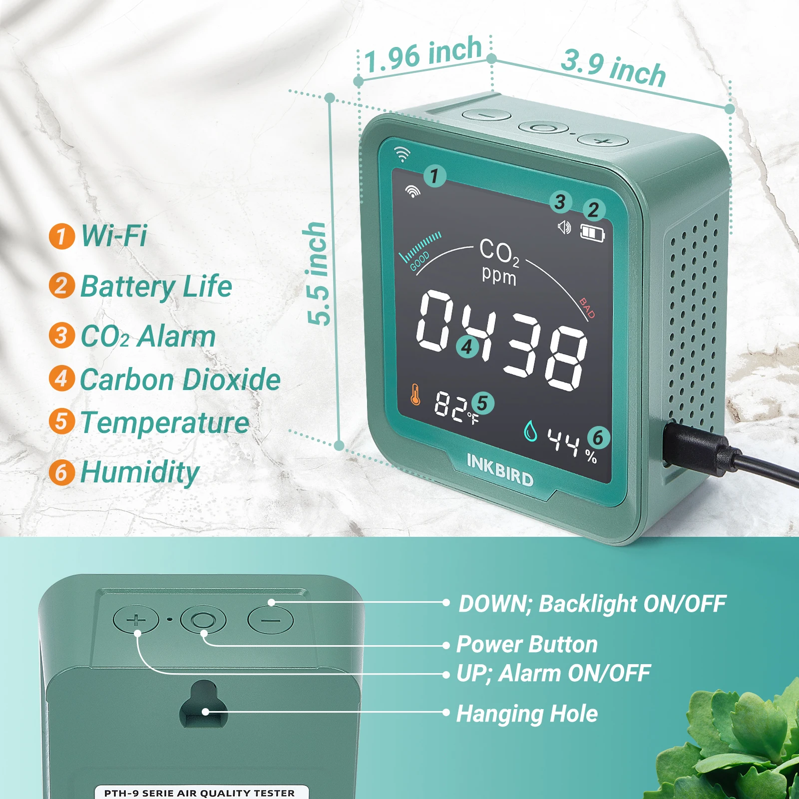 WiFi CO2 Detector INKBIRD Wireless Air Quality Monitor Detects Carbon Dioxide Temperature Humidity IOT NDIR Sensor