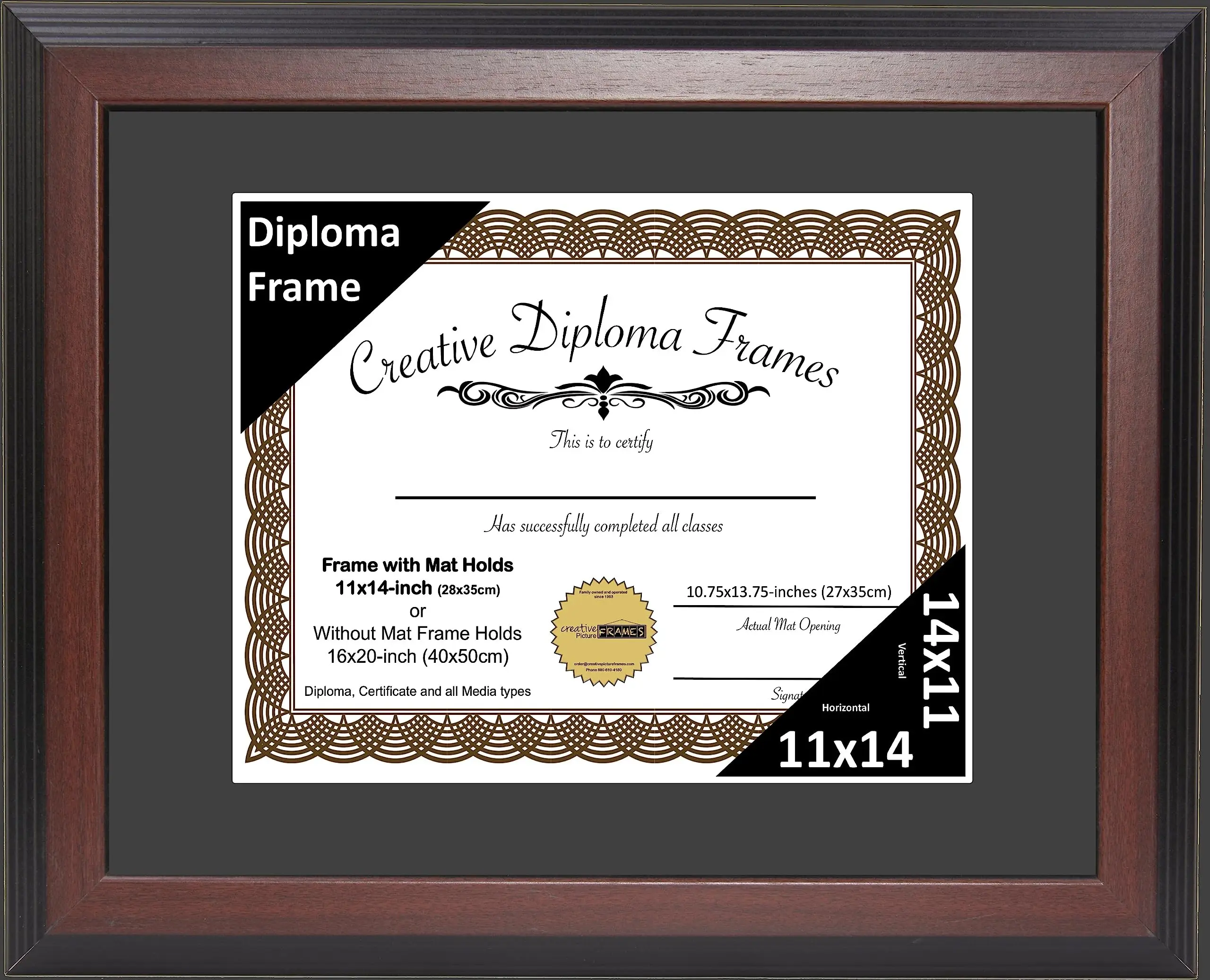 11x14 Mahogany  Diploma Frame with Black Matting Holds 11 by 14-inch Documents with Glass and installed Wall Hanger