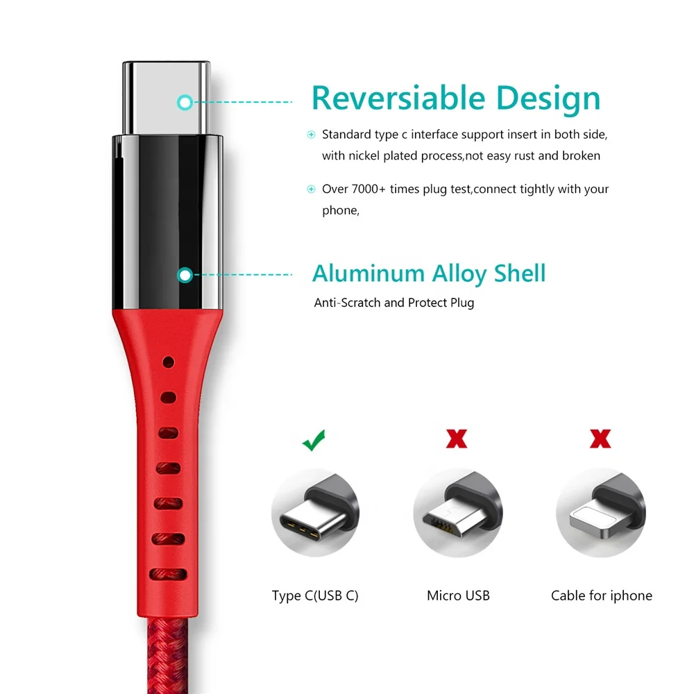 
New Design Aluminium Metal Never Rusty Housing 1m 2A Optical Nylon Fiber Cables Type C Micro Fast Phone Cable 