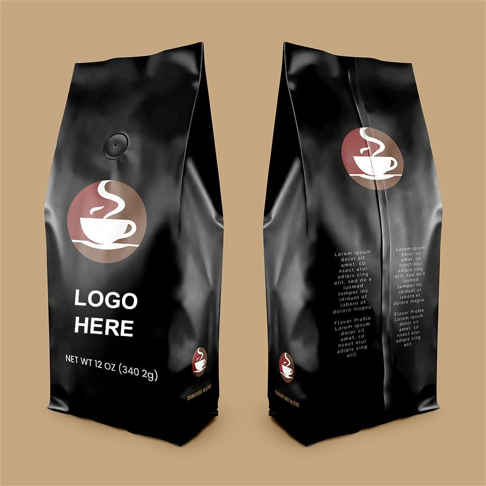 125G 500G 1Kg 250G Custom Eight Side Sealing Flat Bottom Coffee Bean Aluminum Foil Coffee Packaging Bags With Valve And Zipper