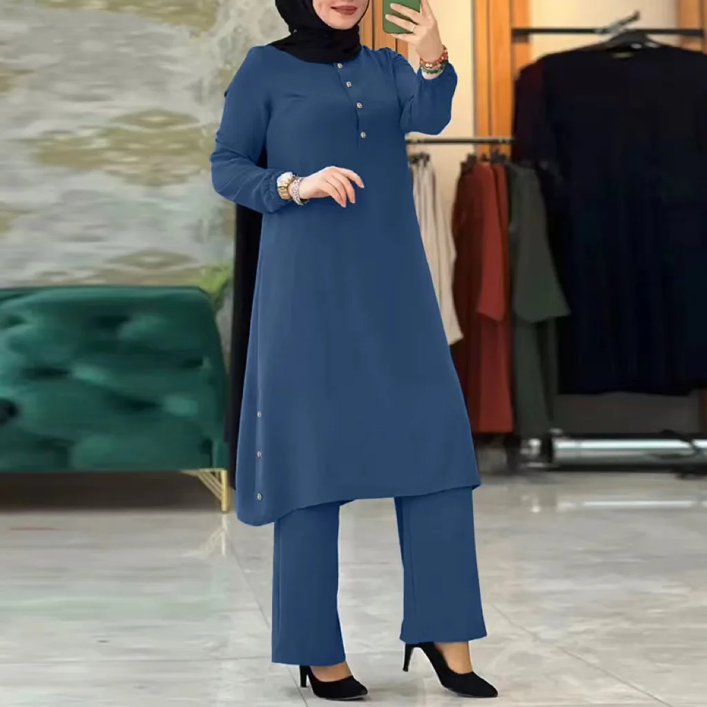 Wholesale Fashion Modest Islamic Clothing Elegant Long Sleeve 2 Piece Pants Casual Sets Arab Women Muslim