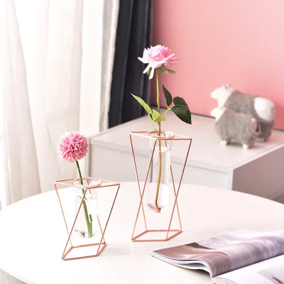 
Nordic ins geometric vase light luxury metal iron decoration living room flower arrangement creative home glass flower stand 