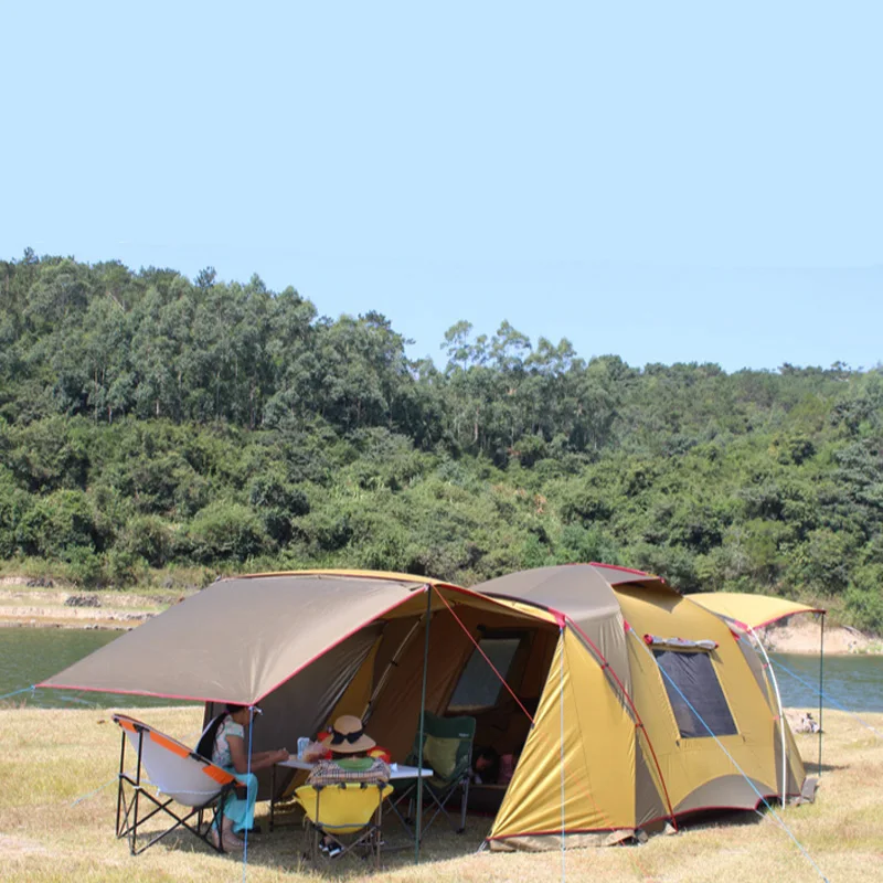 Outdoor Use Glamping 5-6 Persons Double Layer Big Capacity Awning Instant Car Camping Tent with 1 Bedroom and 2 Living Rooms