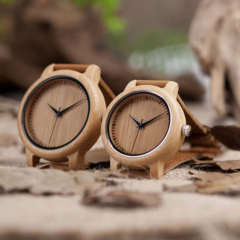 Chinese Factory Hot Sale Oem Hand Making Leather Band Men and Women Bamboo Couple Watch Lovers Pair wood Watches for Couples