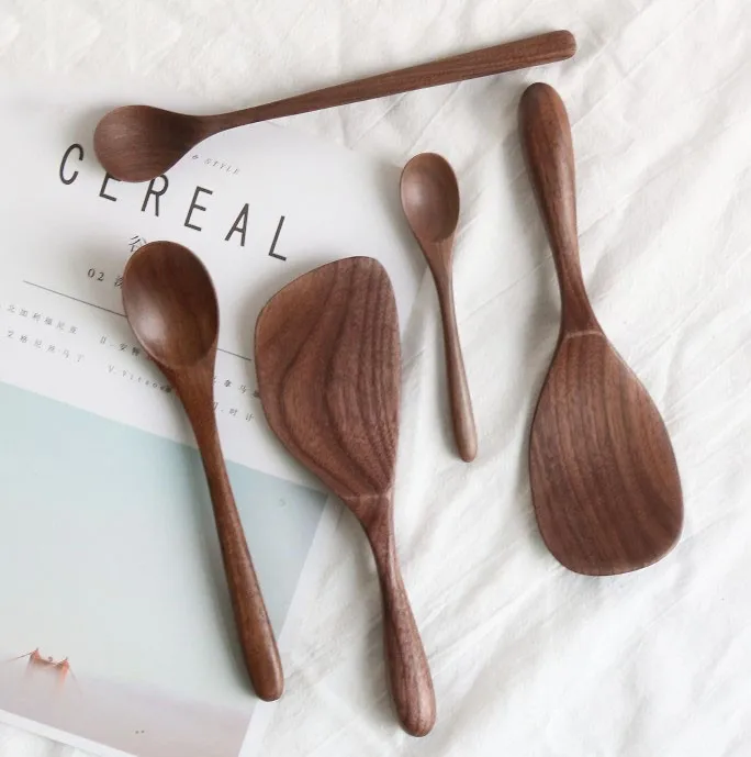 Natural black walnut tableware solid wooden rice spoon
