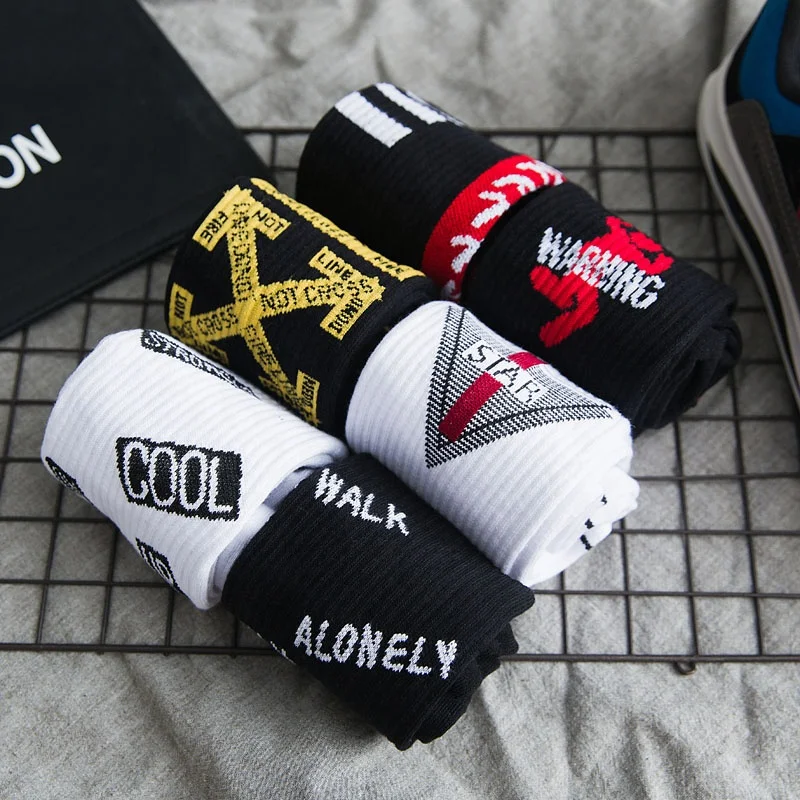 No Moq  custom logo White Men wholesale hot sales 100% Cotton printed Funny Happy Fashion Street colorful popular Skater Socks