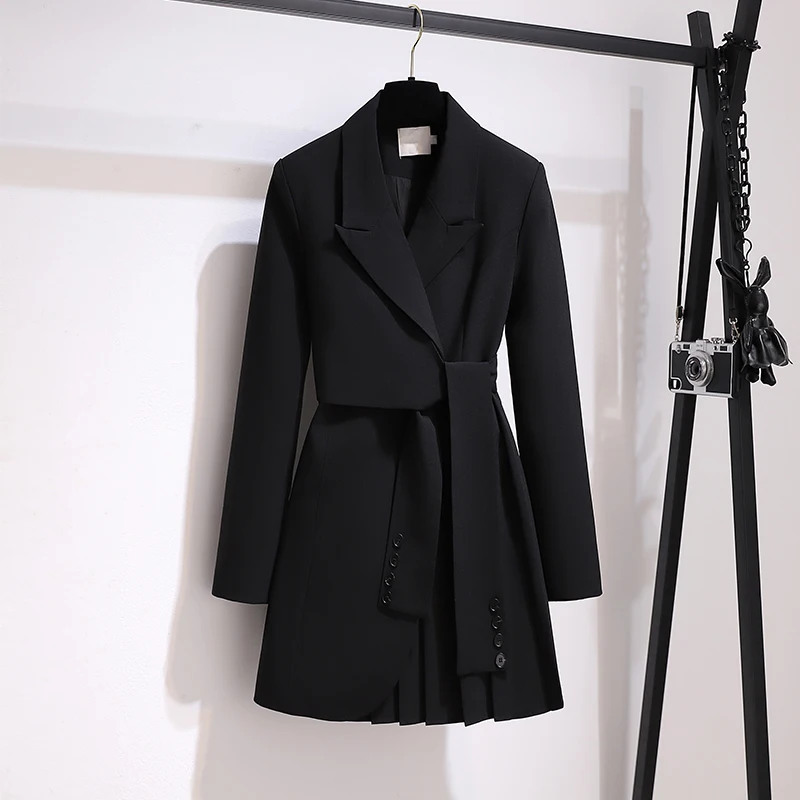 Wholesale Hot Sale Autumn Winter New Design Long Suit Coat Ol Slimming High Waist Lace Up Blazer Dress Fashion Long Suit Dress