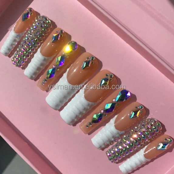 *Deluxe Top-Quality Signature Long Chrome Handmade Press On Nails False Full Cover Sparkling French Decorated Tips