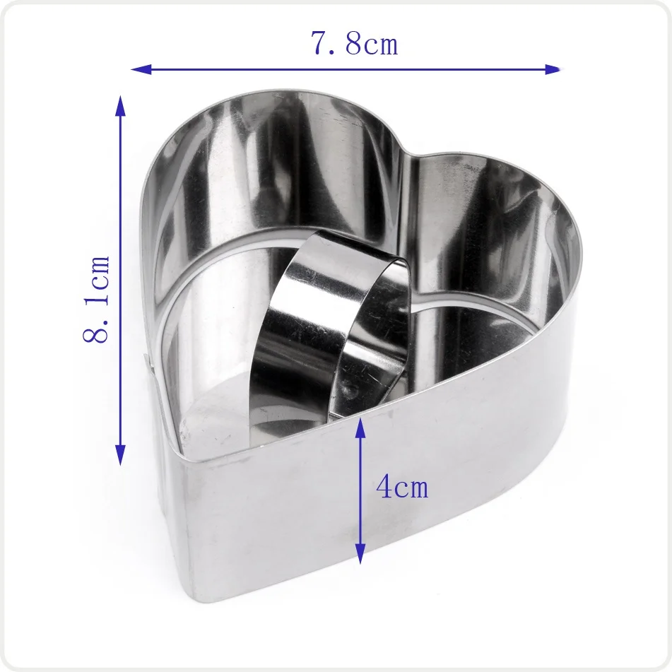 Wholesale stainless steel handle 2pcs baking cooking heart shape mousse cake pusher ring