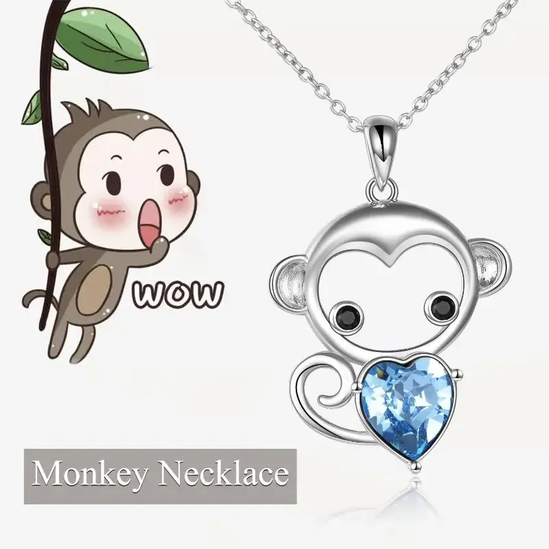 Cute Animal Jewelry Women Girls 925 Sterling Silver Crystal Cubic Zircon Necklace Monkey Heart Pendant Necklace