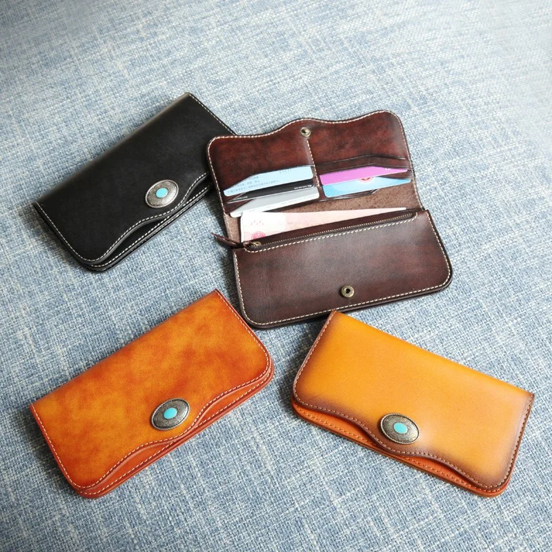 Wholesale New Vintage Original Handmade Cowhide Genuine Leather Long Purse Vegetable Leather Retro Long Wallet