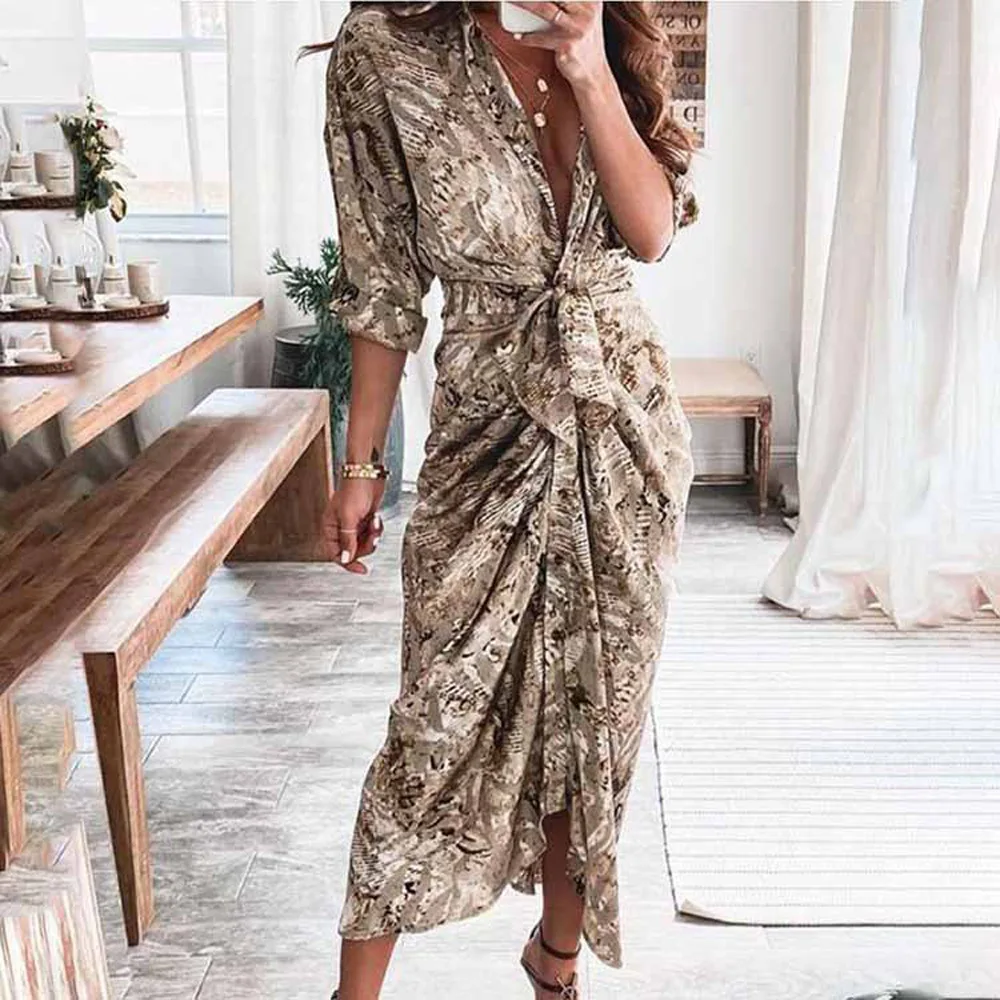 LLDRESS Irregular Long Sleeves Sexy Tie High-end 2022 New Women Clothes V Neck Slim Pleated Elegant Floral Dress For Women