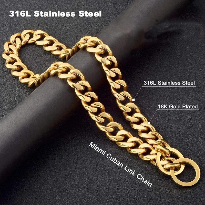 15mm Stainless Steel Dog Collar Custom Collares de Acero Inoxidable Gold Dog Choke Collar Miami Cuban Link Dog Chain