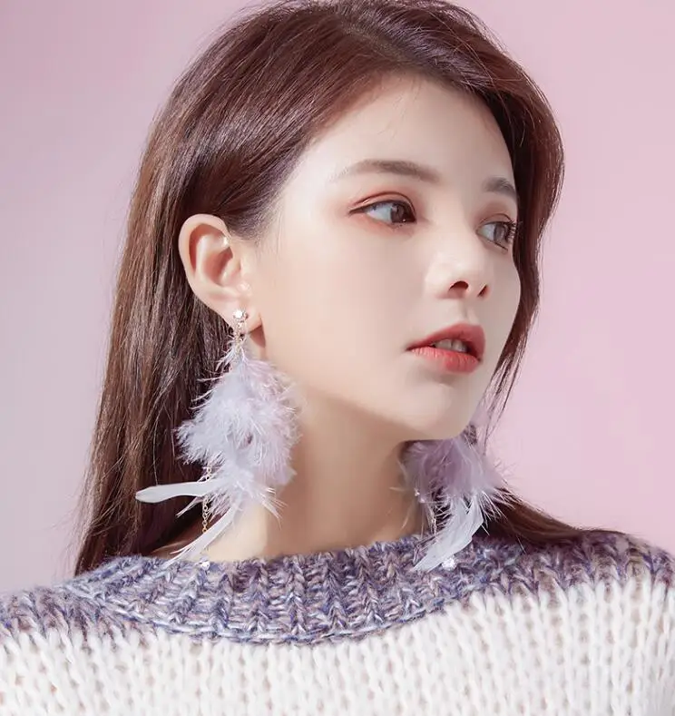 
wholesale fashion winter feather dangle earrings charm korean long chain earrings for women jewelry 