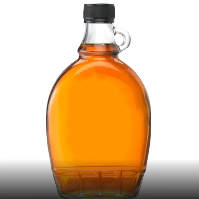 wholesale 12 oz Maple Syrup Bottles Glass Maple Syrup Bottles with Loop Handle with Black Ribbed PE Lined Caps